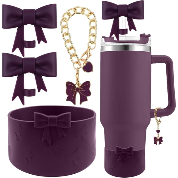 Accessories Set for Stanley🔴 Cup 30 40oz Tumbler Accessories | 2Pcs Cute Bow Straw Cover Caps, 10mm Reusable Straw Toppers, 1Pcs Silicone Boot Sleeve, 1Pcs Handle Charm B4-Plum