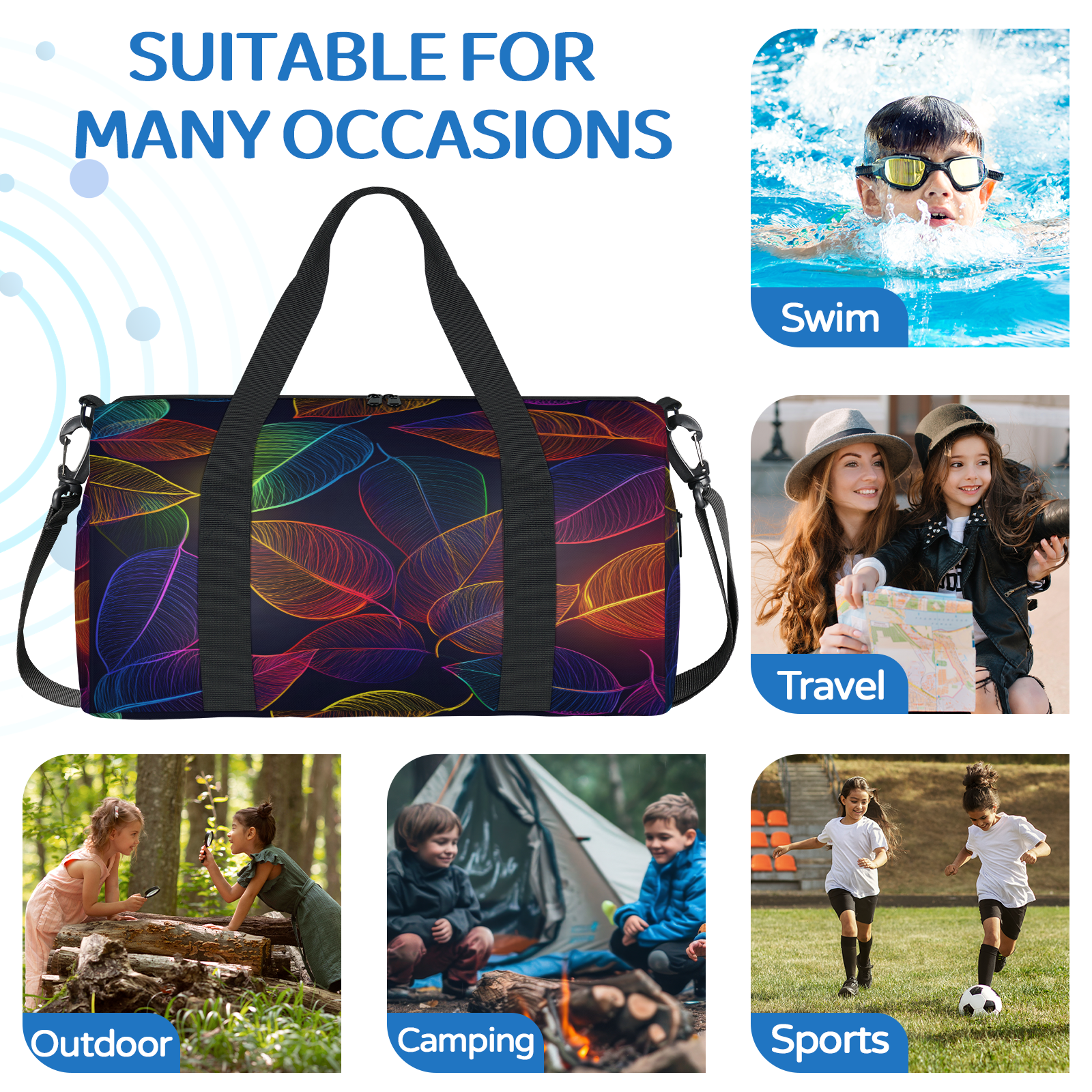 Herdesigns Leaves Travel Duffle Bag Sports Yoga Weekender Overnight Carry on Workout Bags Lightweight Waterproof Gym Tote Bag for Women Colorful Leaf