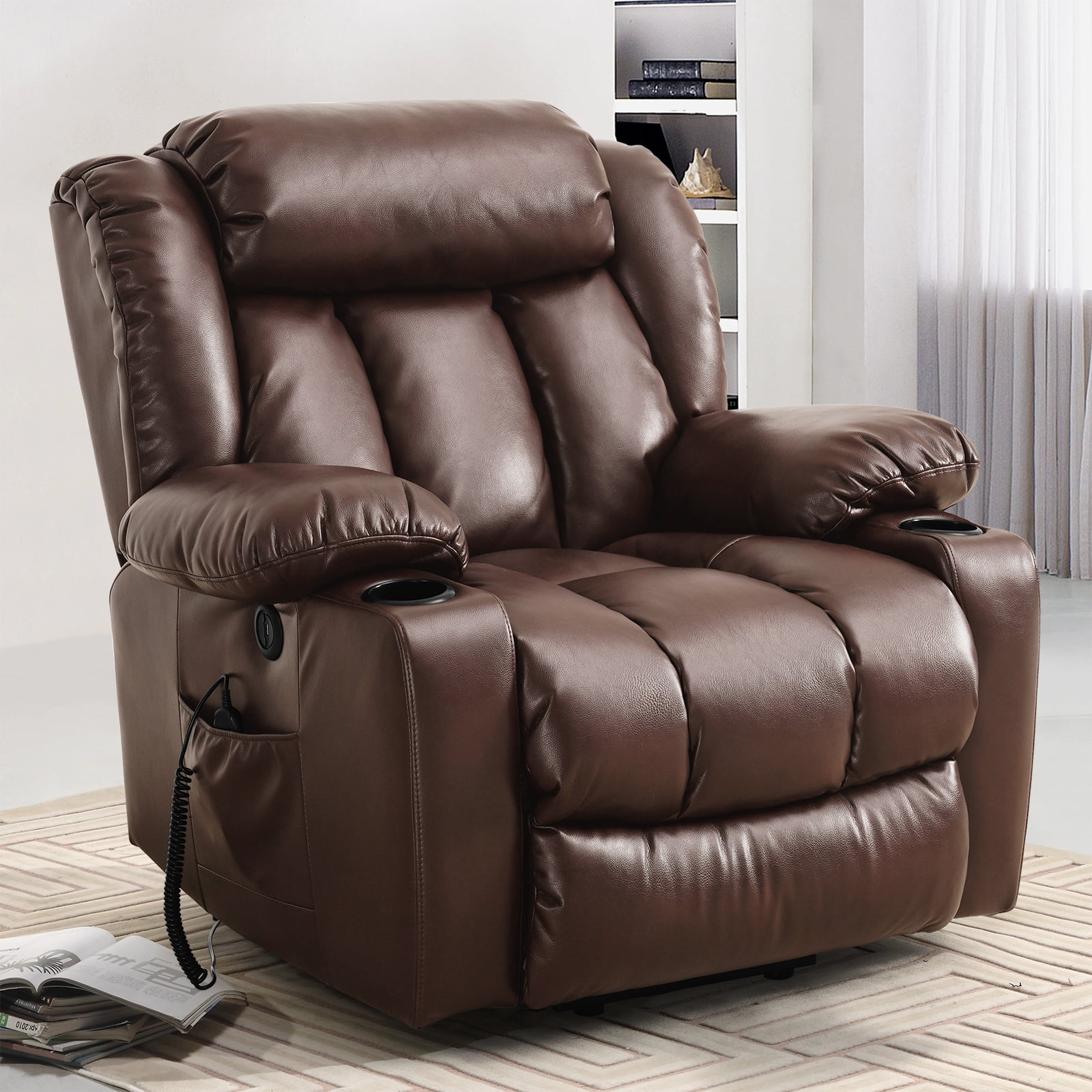TEKAMON Large Power Lift Recliner Chair for Elderly with Heat and Massage Leather Electric Recliners Chair For Living Room with Cup Holders, Remote Control (Brown)