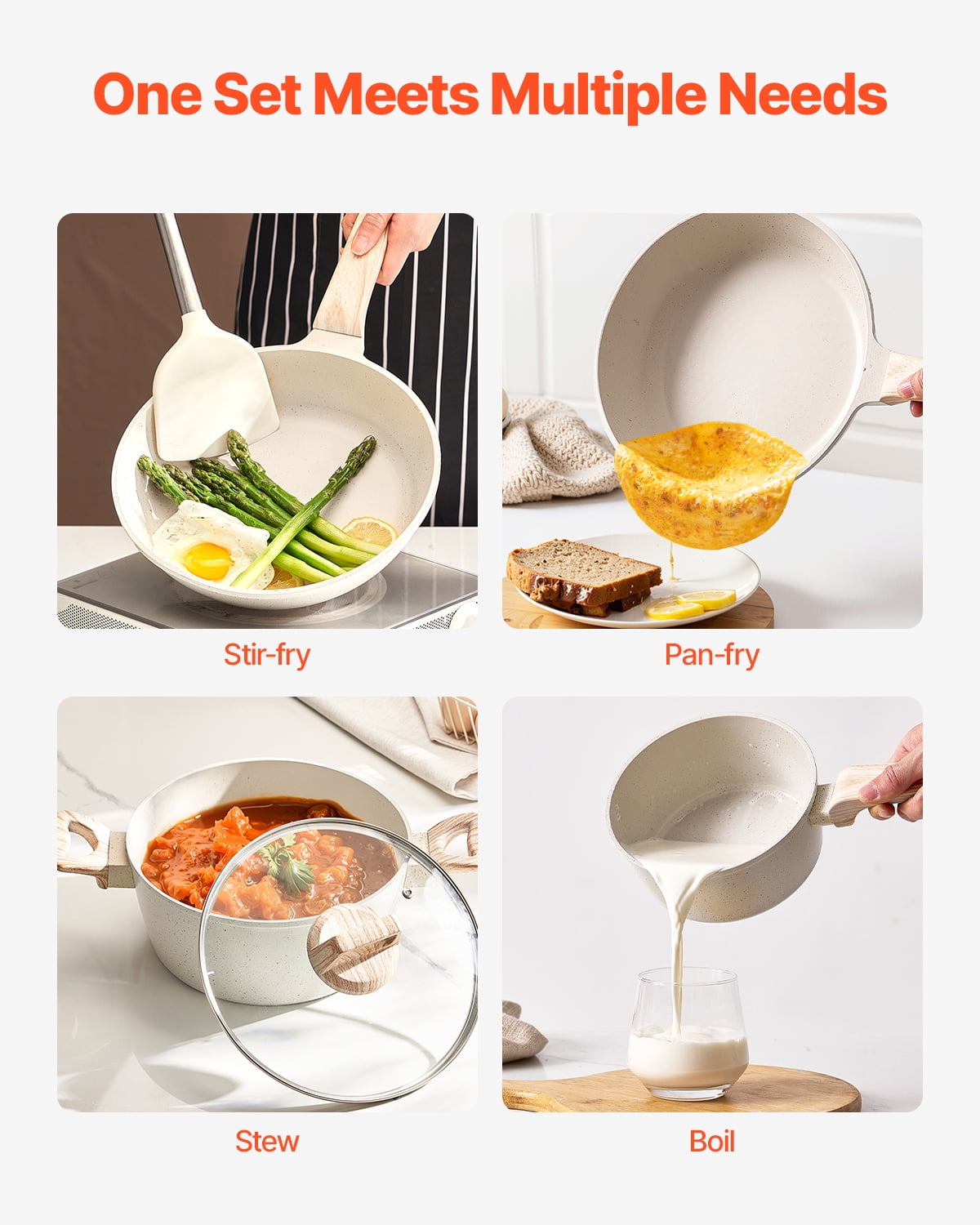 VEVOR 19 Piece Pots and Pans Set Nonstick, Granite Cookware Set, Induction Cookwares, Kitchen RV Cooking Sets with Frying, Sauce, Saute, Tempered Glass Lids, and Pan Protectors, White