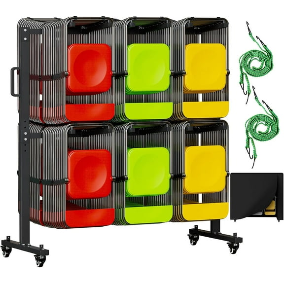 Folding Chair Rack for 84 Chairs or 12 Tables, Heavy Duty Folding Chair Cart with Swivel Wheels, 800LBS Load Capacity, Dual-Layer Chair Storage Rack with 2 Elastic Cord and Weatherproof Cover, Black