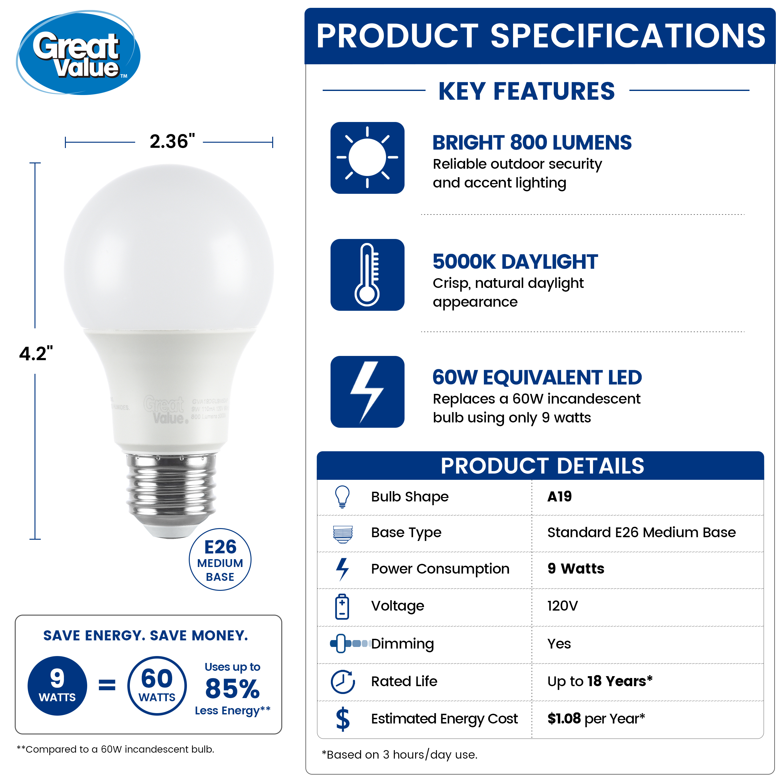 Great Value A19 LED Light Bulb, 9W, 60W Equivalent, 4 Pack photo 2