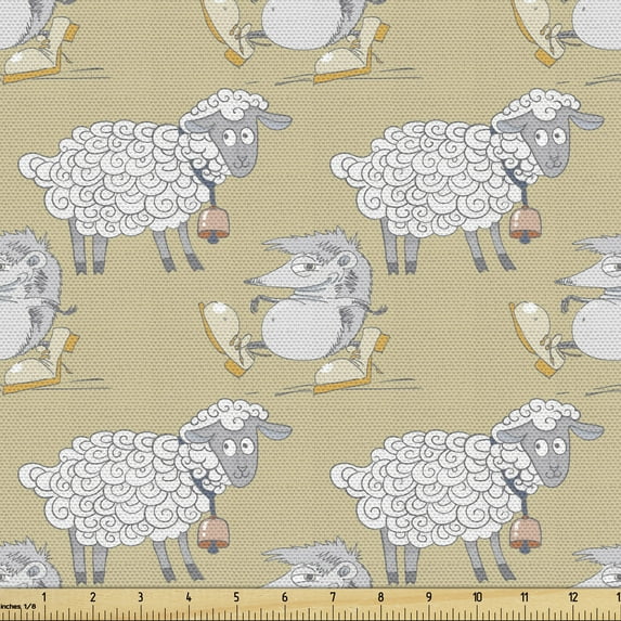 Animals Fabric by the Yard, Funny Sheep Lamps and Hedgehogs in Shoes Joyful Quirky Animals Cartoon Pattern, Upholstery Fabric for Dining Chairs Home Decor Accents, Pale Sepia Grey by Ambesonne