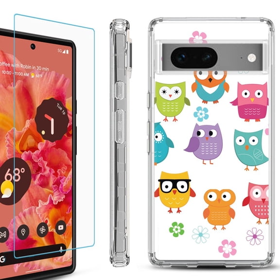 Shockproof Bumper Phone Case for Google Pixel 7, with Tempered Glass Screen Protector, by OneToughShield ® - Happy Owl