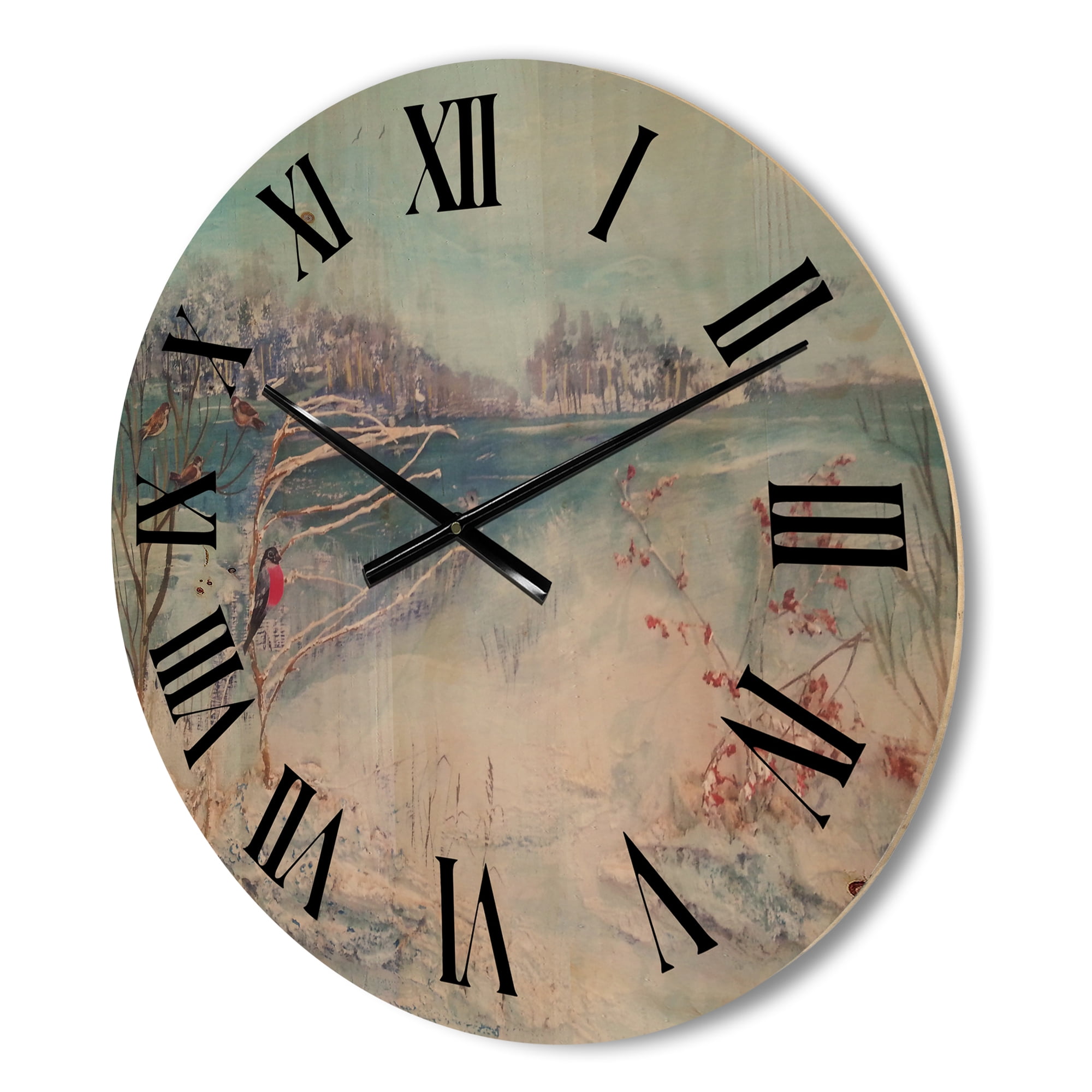 Designart 'Birds and Winter Trees By River' Lake House Wood Wall Clock