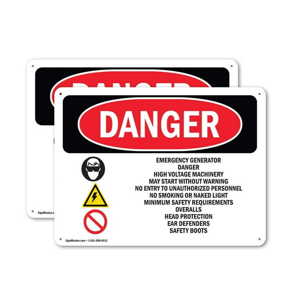 (2 Pack) Emergency Generator Danger High OSHA Danger Sign 24 Inch X 18 Inch Indoor / Outdoor Rust-Free Aluminum Metal Signs for Workplace, Workshop, and Construction Site, Made in the