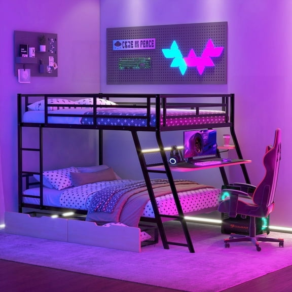 Full Size Metal Bunk Bed Having Built-in Desk, Light & 2 Drawers - Durable & Functional