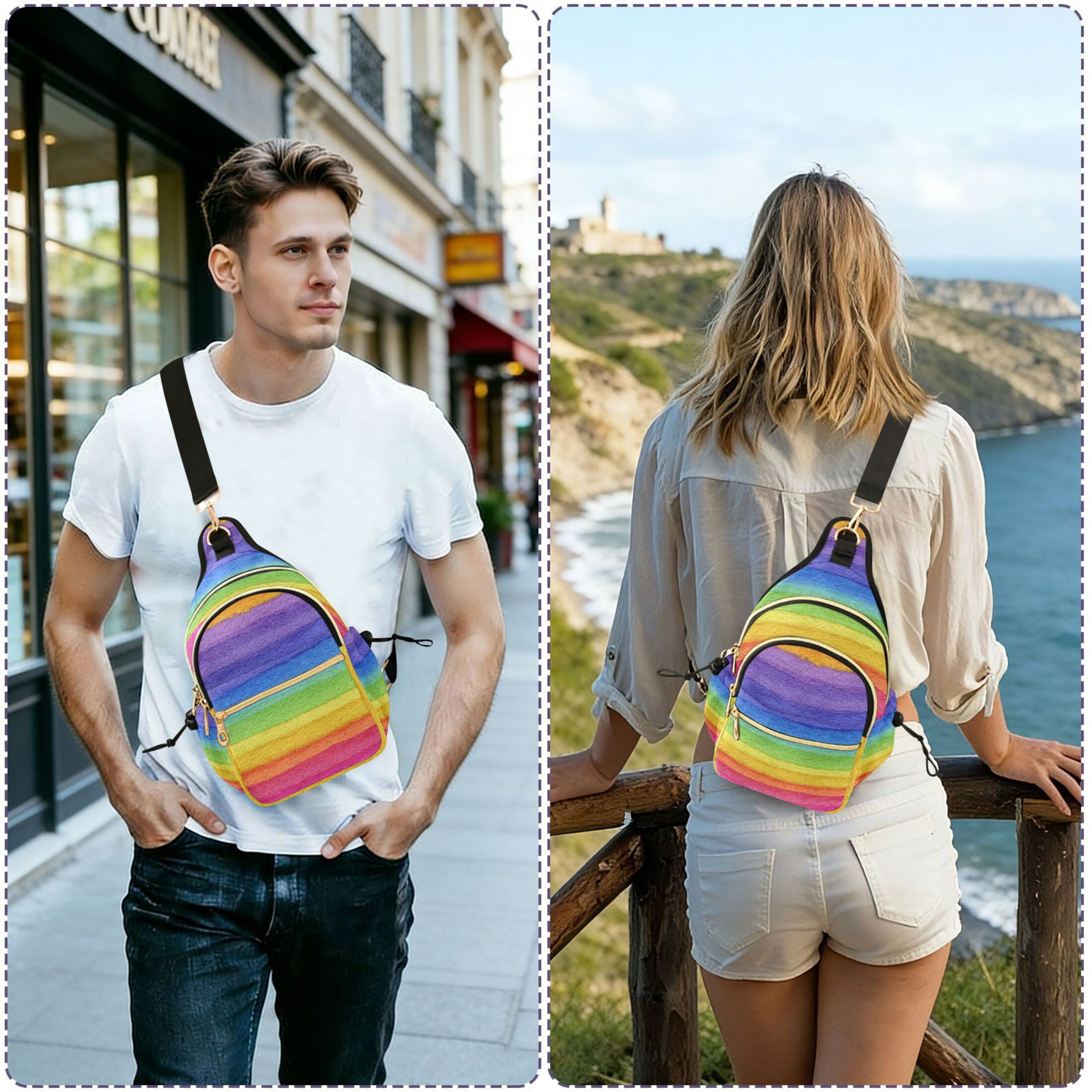 Crossbody Sling Bag for Women Shoulder Purse Trendy Daypack with Adjustable Strap Watercolor Rainbow Colors