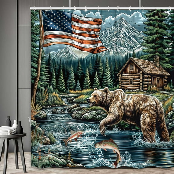Rustic Cabin Shower Curtain, Farmhouse Country Bear Forest Vintage Wooden Bath Curtain, Hunting Camping Fishing Fabric Bathroom Accessories Set with Hooks, 72X72in