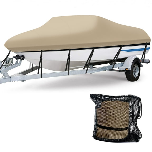 AngLink 17 - 19 ft Waterproof Boat Cover - 600D Heavy Duty Polyester Oxford Bass Runabout Boat Cover, Durable and Tear Proof, All Weather Protection Fits V-Hull, TRI-Hull, Pro-Style | Beige