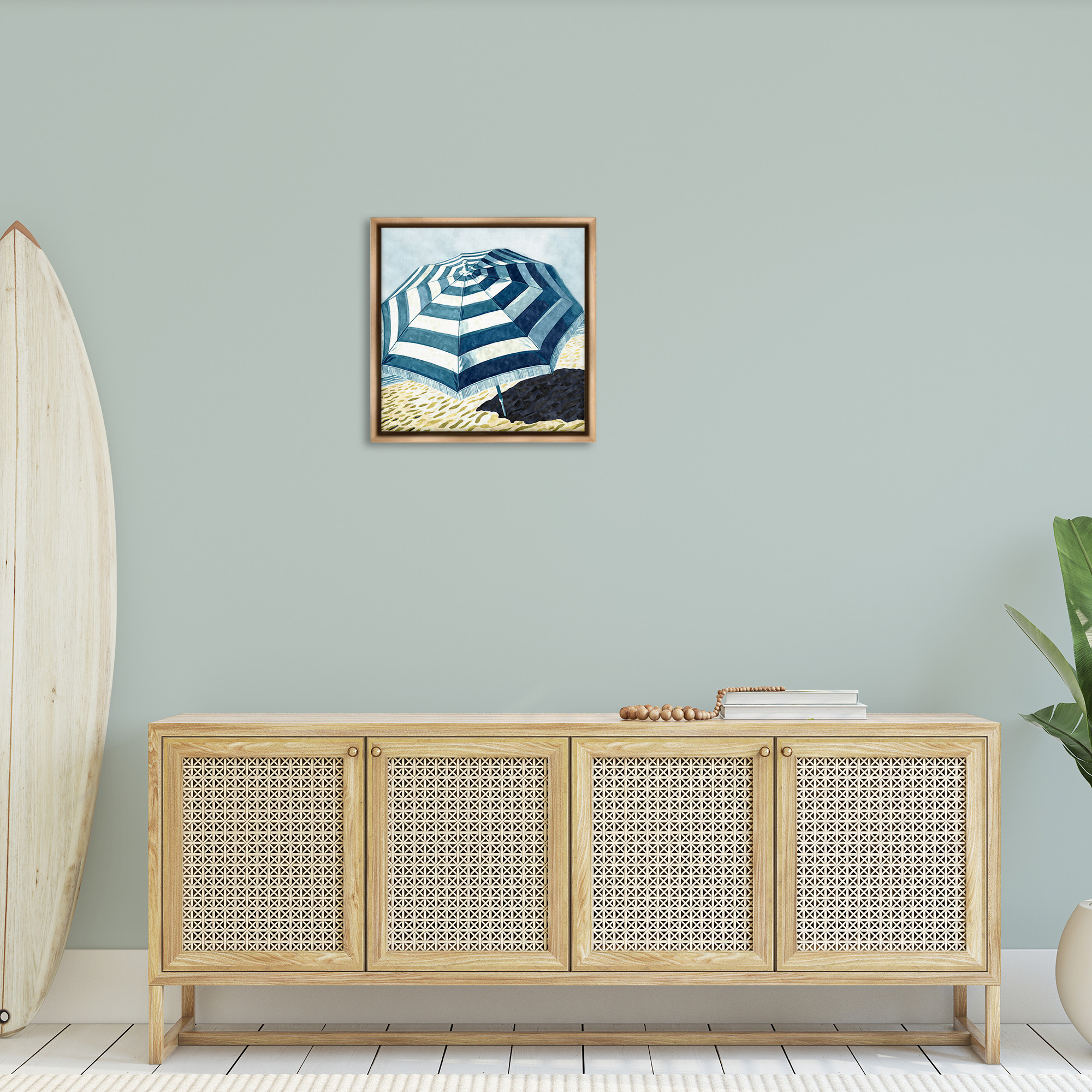 Stupell Industries Striped Beach Umbrella Landscape Painting Brown Floater Framed Canvas Art Print Wall Art, 25 x 25