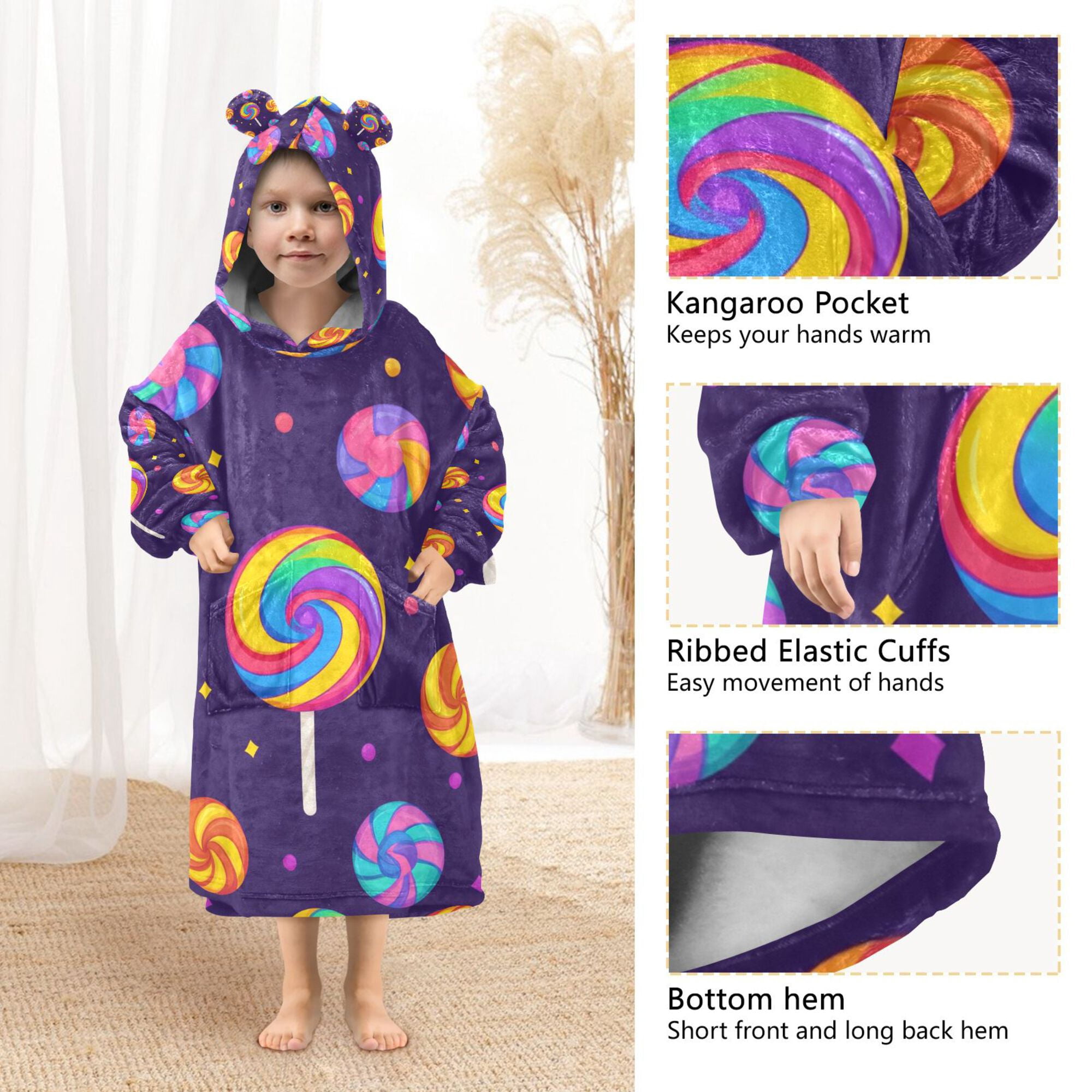 FORMRS Wearable Blanket Hoodie with Sleeves for Kids Cozy Flannel Sweatshirt, Candy Carnival