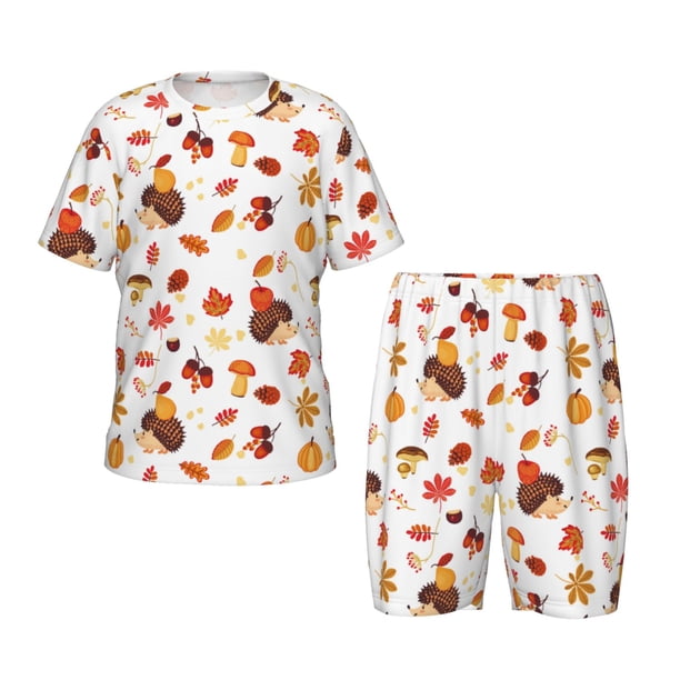 Balery Autumn Maple Leaf with Hedgehog Conjunto de Pijama Infantil de Manga Corta con Estampado – Ropa de Dormir de Algodón Suave-Medium