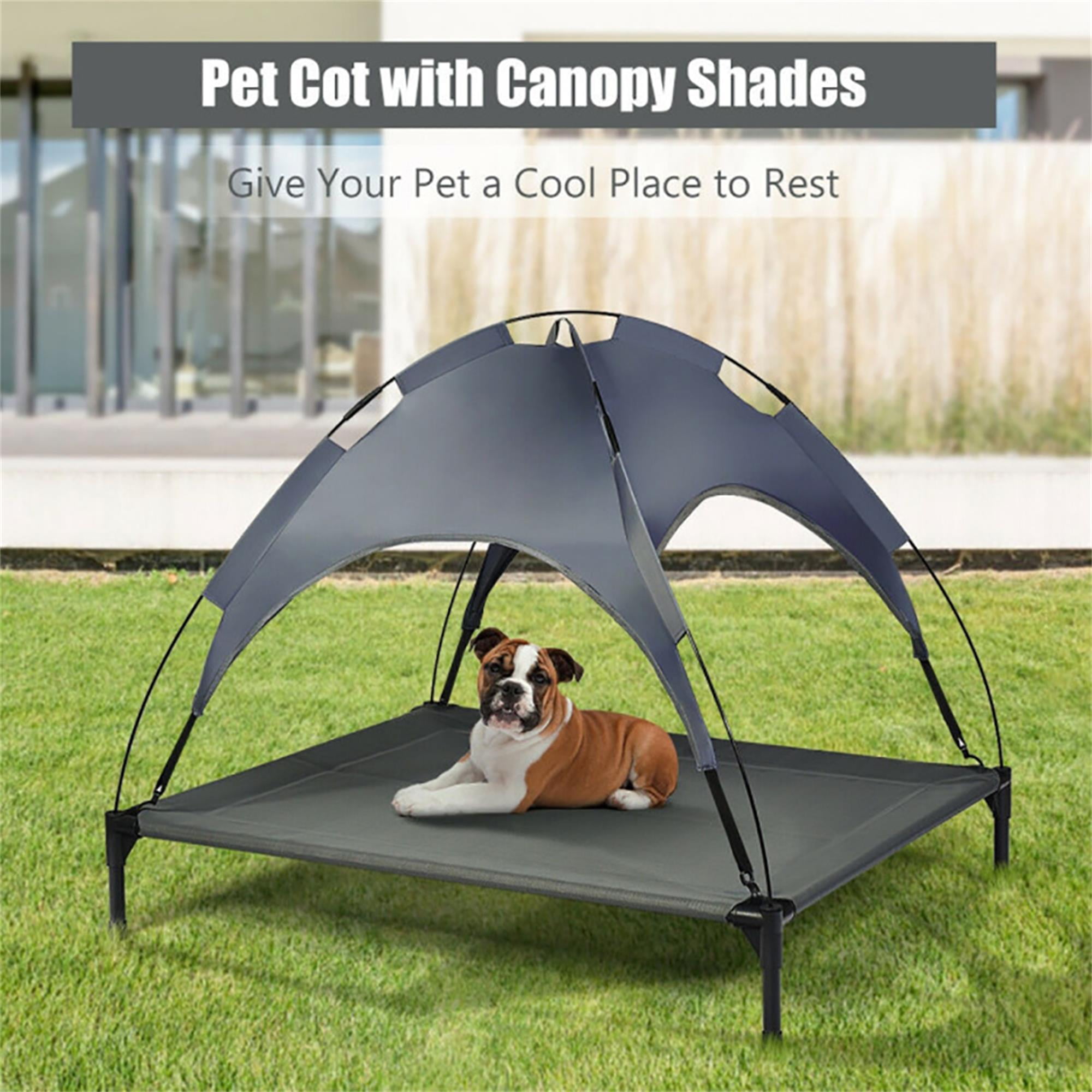 resenkos 41" Outdoor Elevated Dog Cot with Removable Canopy Shade, Pet Bed for Camping Small Medium Dogs, Portable Cooling Raised Dog Bed with and Side for Beach, Gray