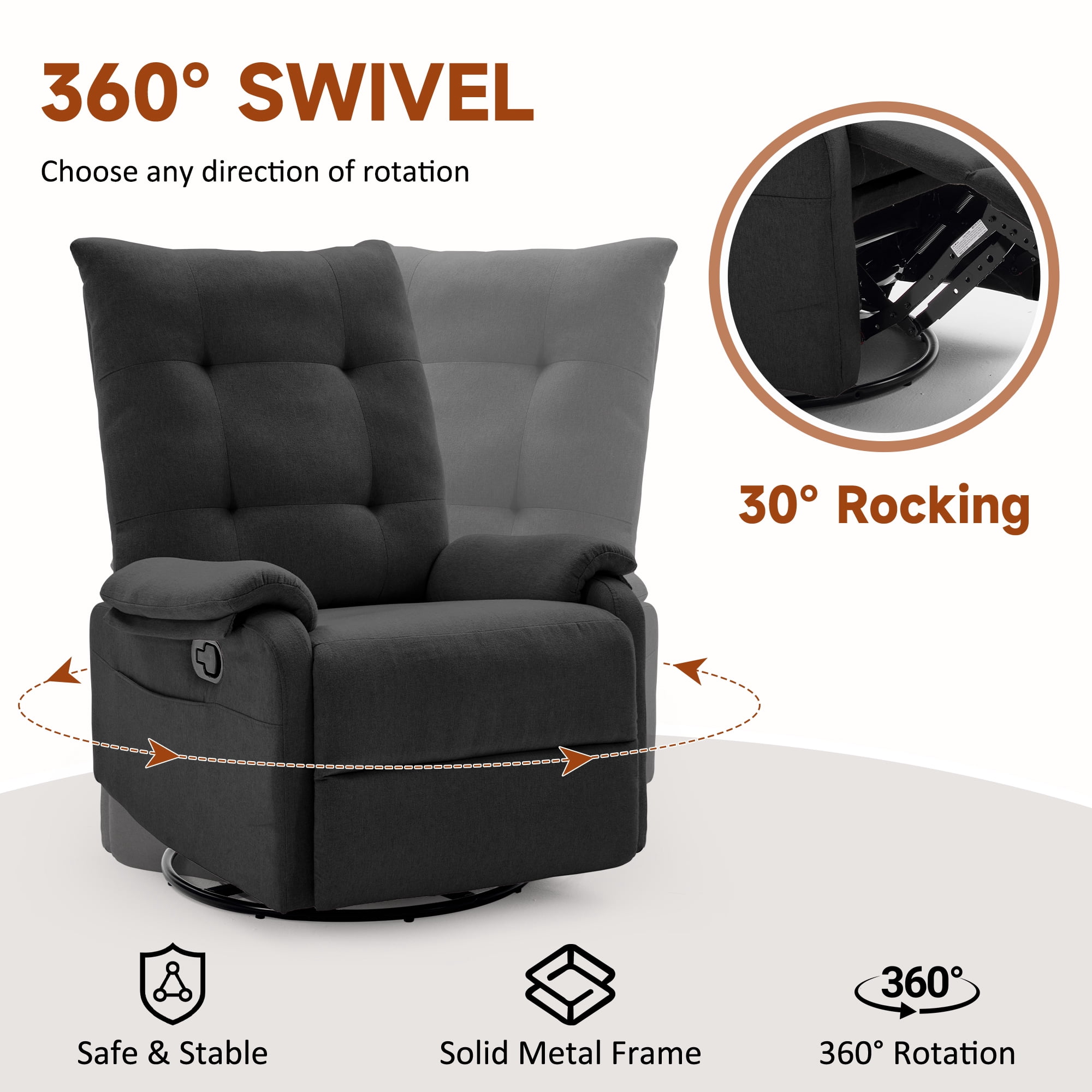 GEEYOO 360°Swivel Rocker Recliner Chair for Adults with Side Pockets,Small Recliner Chair for Small Spaces,Modern Swivel Glider Recliner for Living Room,Linen,Black