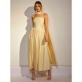 thumbnail image 3 of Light Yellow Womens Strapless Ruched Maxi Dress With Flowing Cape Detail, 3 of 7