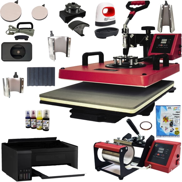 Combo 12 En 1 EV Technologies plancha sublimacion color roja con impresora y 150 articulos