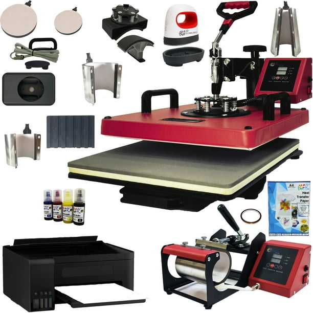 Combo 12 En 1 EV Technologies plancha sublimacion color roja con impresora y 150 articulos