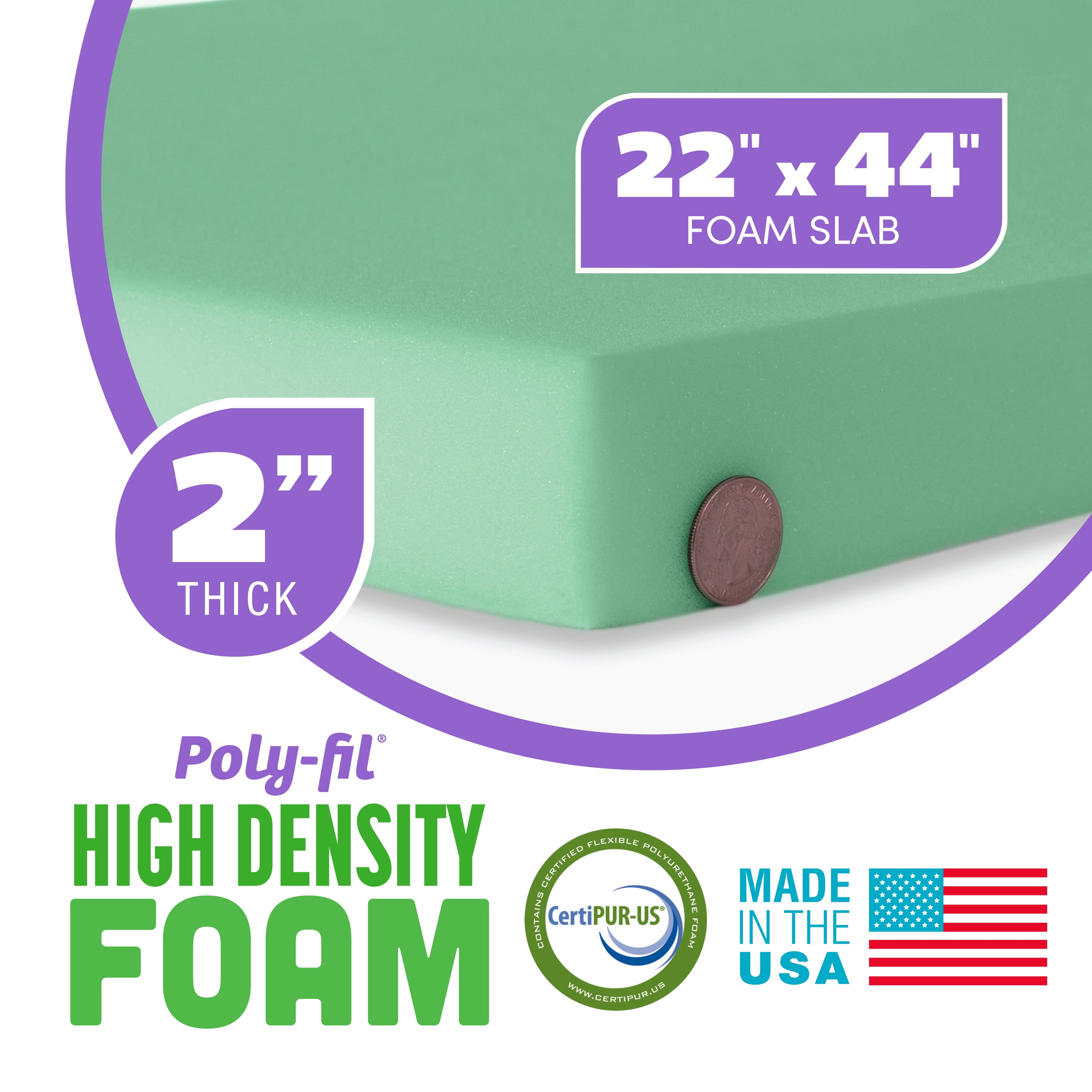 Fairfield High-Density Foam Roll, Ideal for Couch Cushions, Upholstery, Pillow Stuffing, and More, Measures 22 x 44 x 2 inches