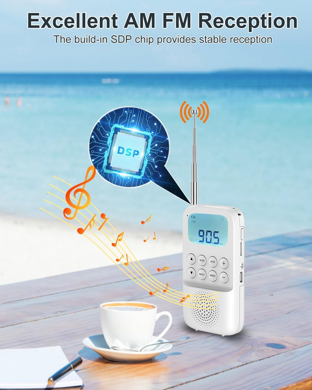MUSICOZY Digital AM FM Walkmen Radio with Bluetooth, Portable Rechargeable Transistor Radio with Alarm Clock, Built-in Speaker and Headphone Jack, Support TF Card Playback