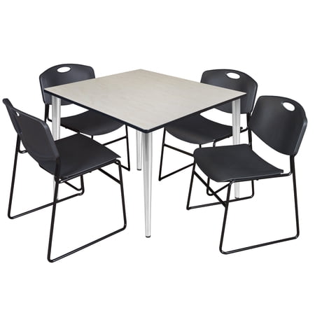 Regency Kahlo 48 in. Square Breakroom Table- Maple Top Chrome Base & 4 Zeng Stack Chairs- Black