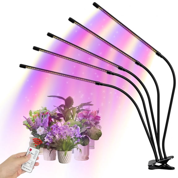Scidweet 5 Heads Grow Lights for Indoor Plant with Adjustable Gooseneck, Remote Control, Auto on/off Timer 4/8/12H, 10 Dimmable Brightness
