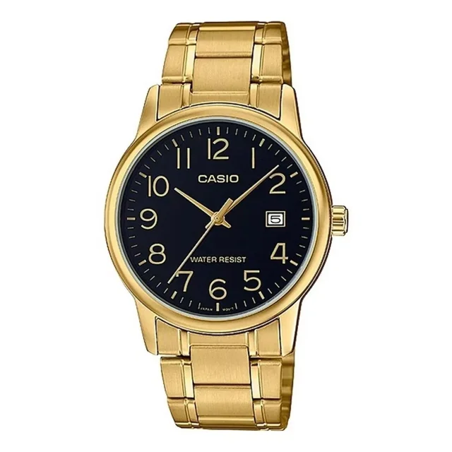 Reloj Casio Mtpv002 G1b Hombre Dorado Negro Fechador Full Correa MTP-V002G-1B