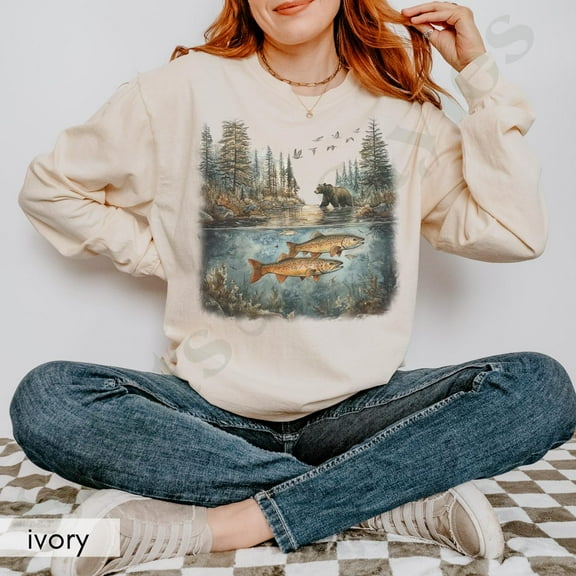 Tee Clo Trout Sweatshirt Vintage 90s Fishing Wildlife Retro Cozy Outfit, Full size S-5XL