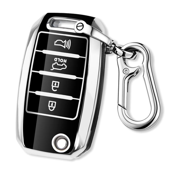 for Kia Key Fob Cover with Keychain Chrome Silver Trim Soft TPU Protection Case Compatible with Kia Rio Optima Soul Sportage Sorento Carens 4 Button