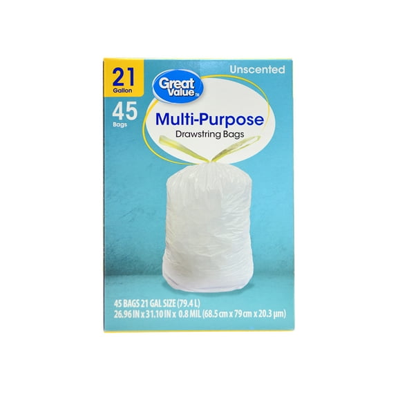 Great Value 21 Gallon Drawstring Trash Bag, Unscented, 45 Bags