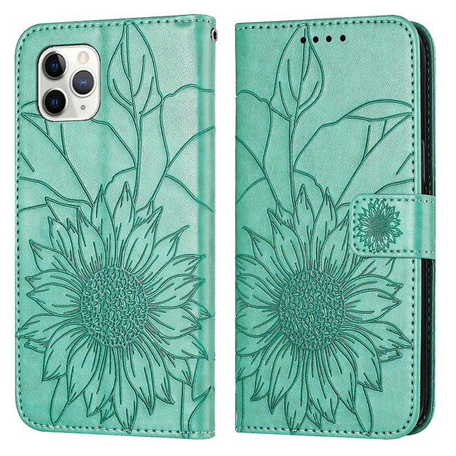 Funda tipo cartera con girasoles grabados para iPhone 11 Pro Max: elegante, multifuncional y con protección total.