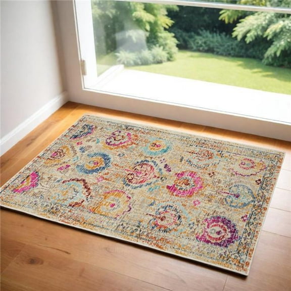 HomeRoots 553370 2 x 4 ft. Floral Distressed Rectangle Area Rug, Ivory, Pink & Orange