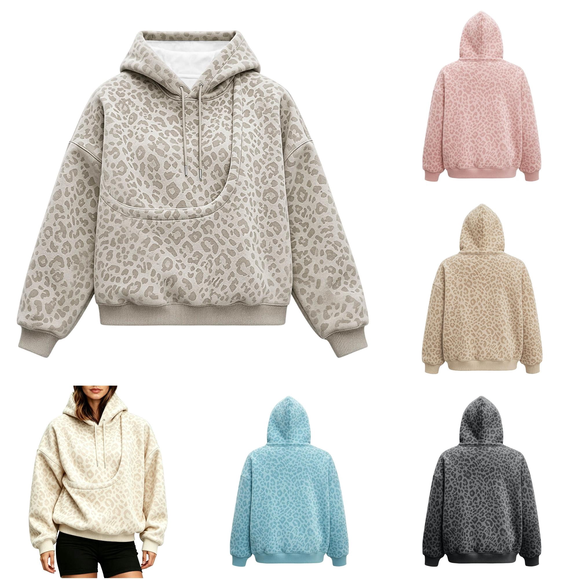 HNMKIU Pet Pouch Hoodie Women s Oversized Hoodie with Pouch Pocket Leopard Print Sweatshirt Animal Loose Long Sleeve Pullover Top for Lovers