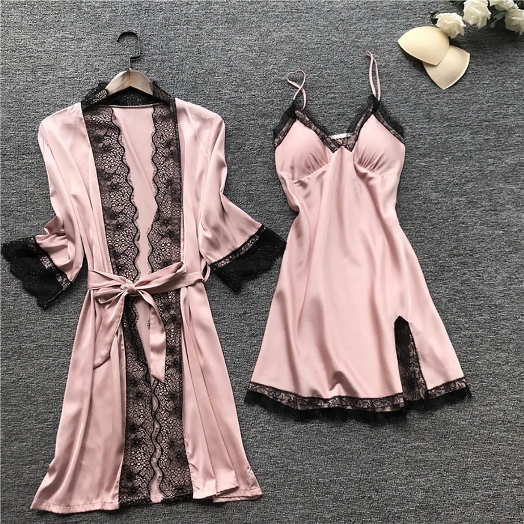 Jovati Silk Pajama Set For Women Lingerie Women Silk Lace Robe Dress Sleepwear Nightdress Pajamas Set Cold Shoulder Dress For Women Womens Silk Pajama