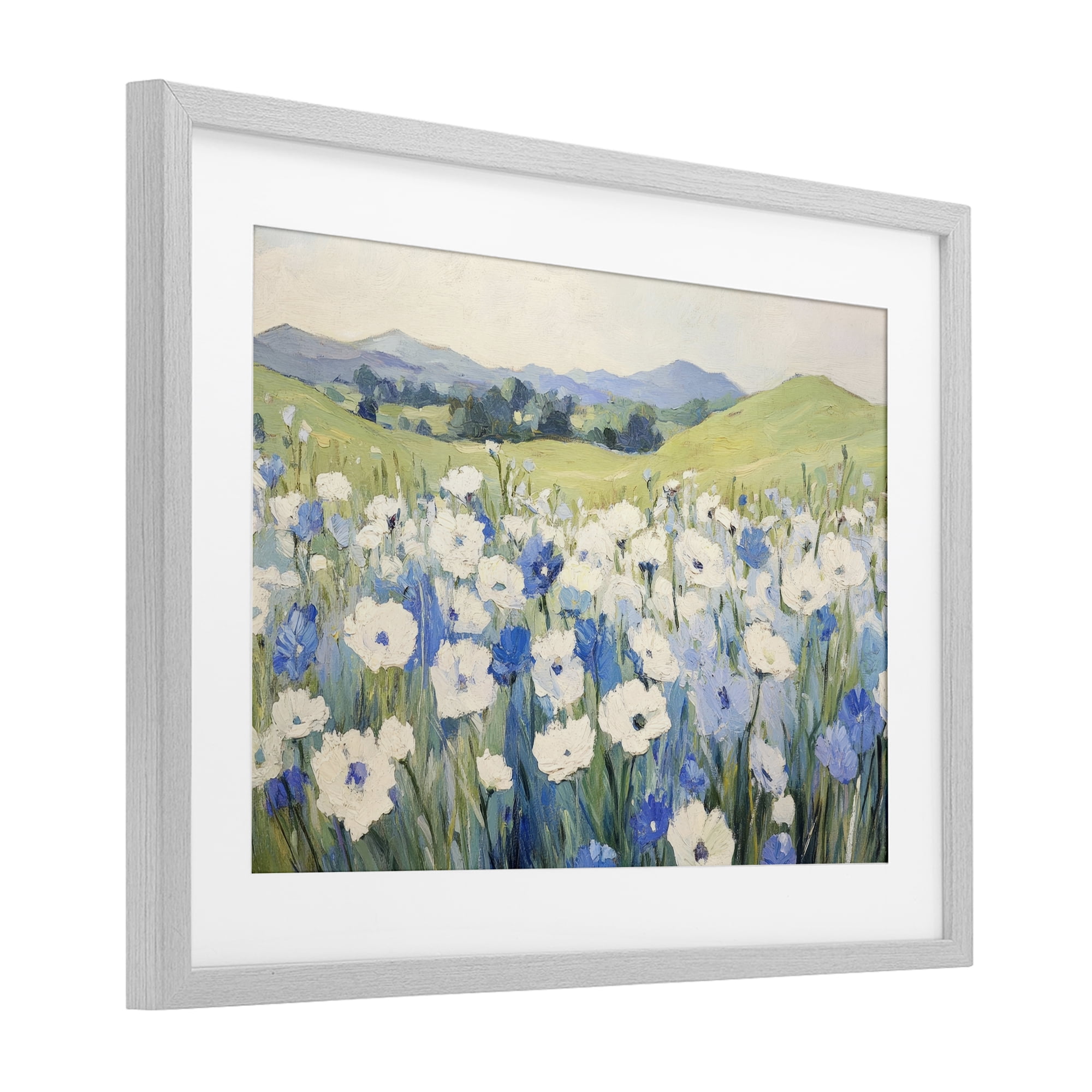Stupell Industries Blue & White Daisies Gray Framed Print Under Glass, design by Petal Prints Design