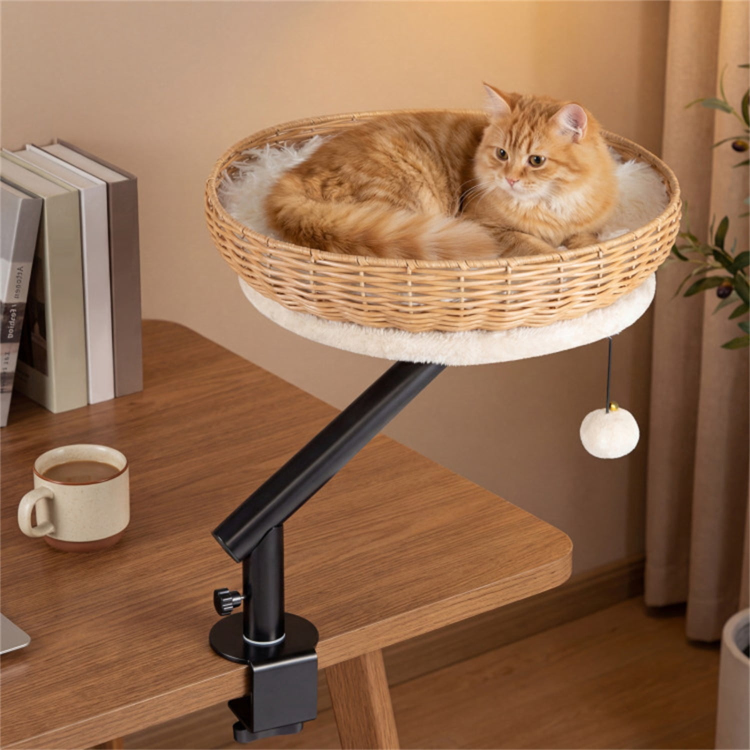 360° Rotatable Desktop Cat Bed Perch, 2-in-1 Workspace Cat Retreat with Jingling Ball (Natural + Black + White)