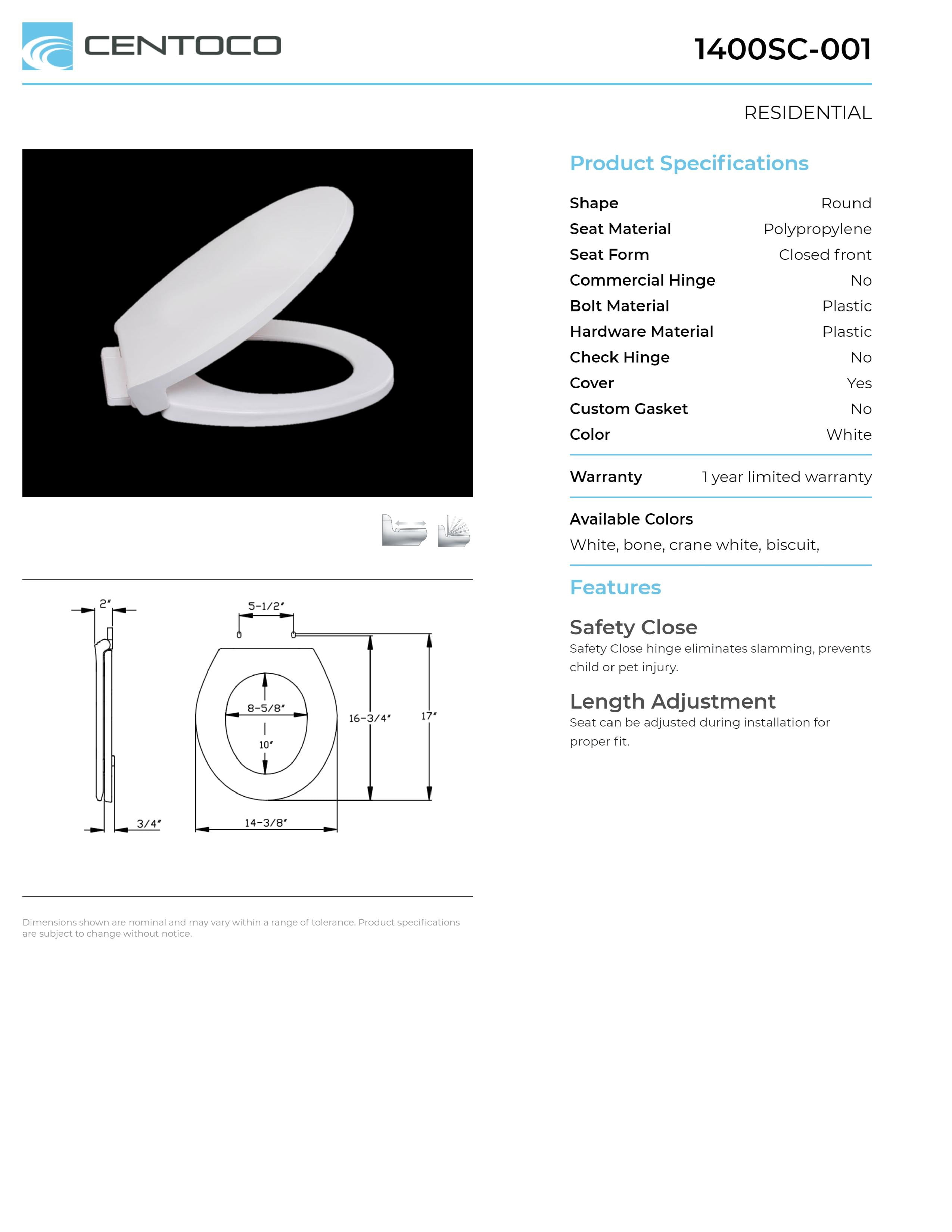 Centoco 1400SC-416 Biscuit Luxury Safety Close Toilet Seat