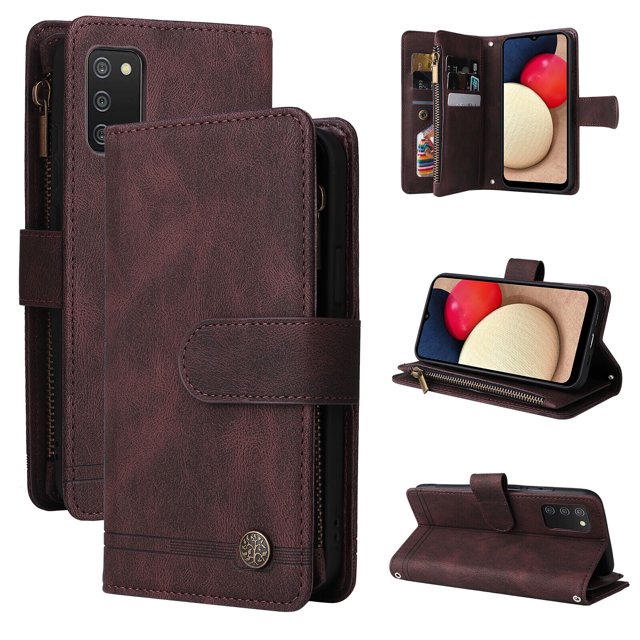 Case for Samsung Galaxy A02S Cover Zipper Pocket Wallet Case Magnetic Protective - Braun