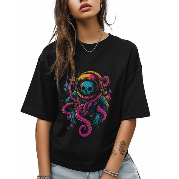 T Shirts for Women Short Sleeve Cotton Crewneck T-Shirt, Skeleton Octopus Space Suit Tee Tops Casual Basic T-Shirts, XS-5XL Black L