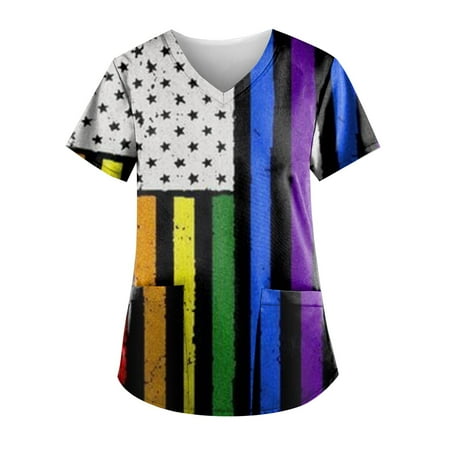 

XHJUN Scrub Tops Women Stretchy Short Sleeve Tops Working Uniform July 4th Independence Day Print Scrub Tops Pocket Blouse Light Blue XXXL