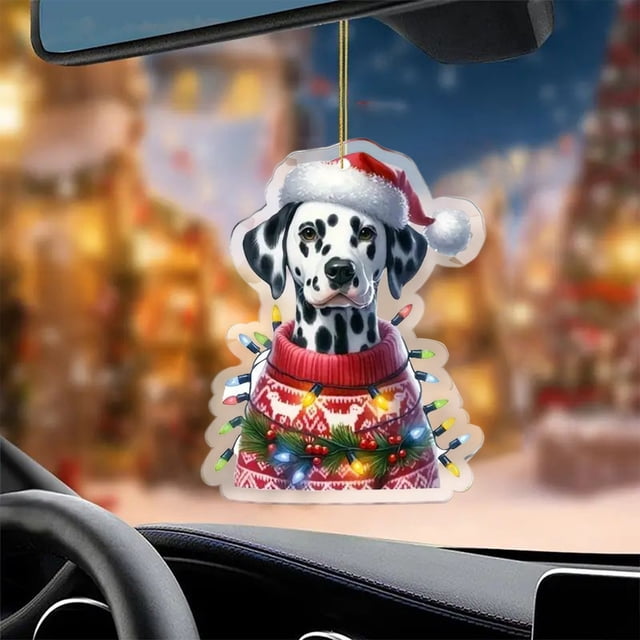 Leodye 1PCS 2D Christmas Decorations Hanging Ornaments Flat Car Rear View Mirror Accessories Christmas Tree Ornament Decoration Hanging Rearview Pendant Decor Gift 3.14IN
