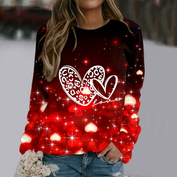 Brilliant Valentines Clothing Womens Hearts Womens Tops 3/4 Sleeve Women Round Neck Long Sleeves Casual Sweatshirts Sweater Pullover Tunic Tops Red L