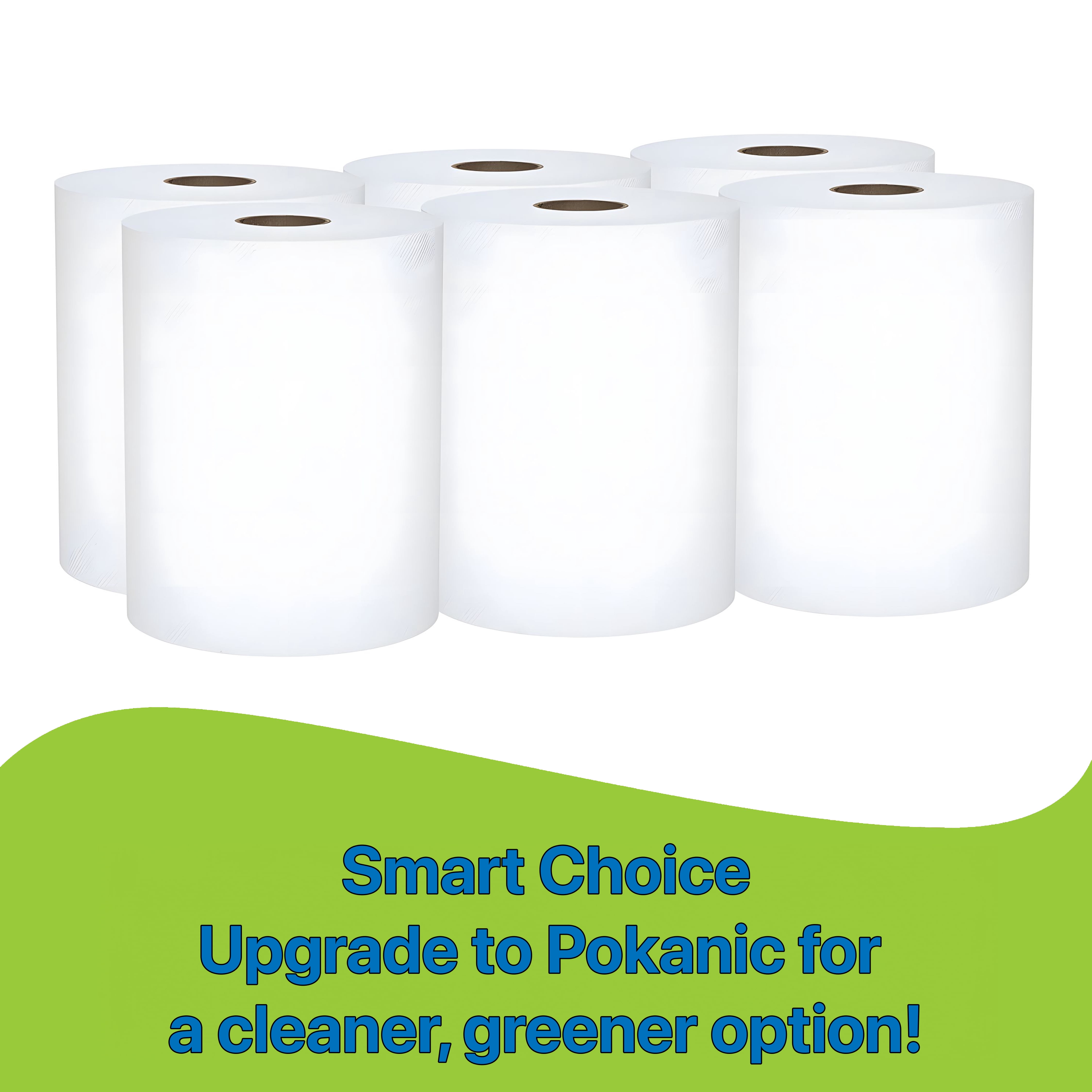 Pokanic Eco-Friendly Hand Towels, 6 Rolls, White, 8 Inch x 350 Ft, 1-Ply, Sustainable, 100% Recycled Fiber