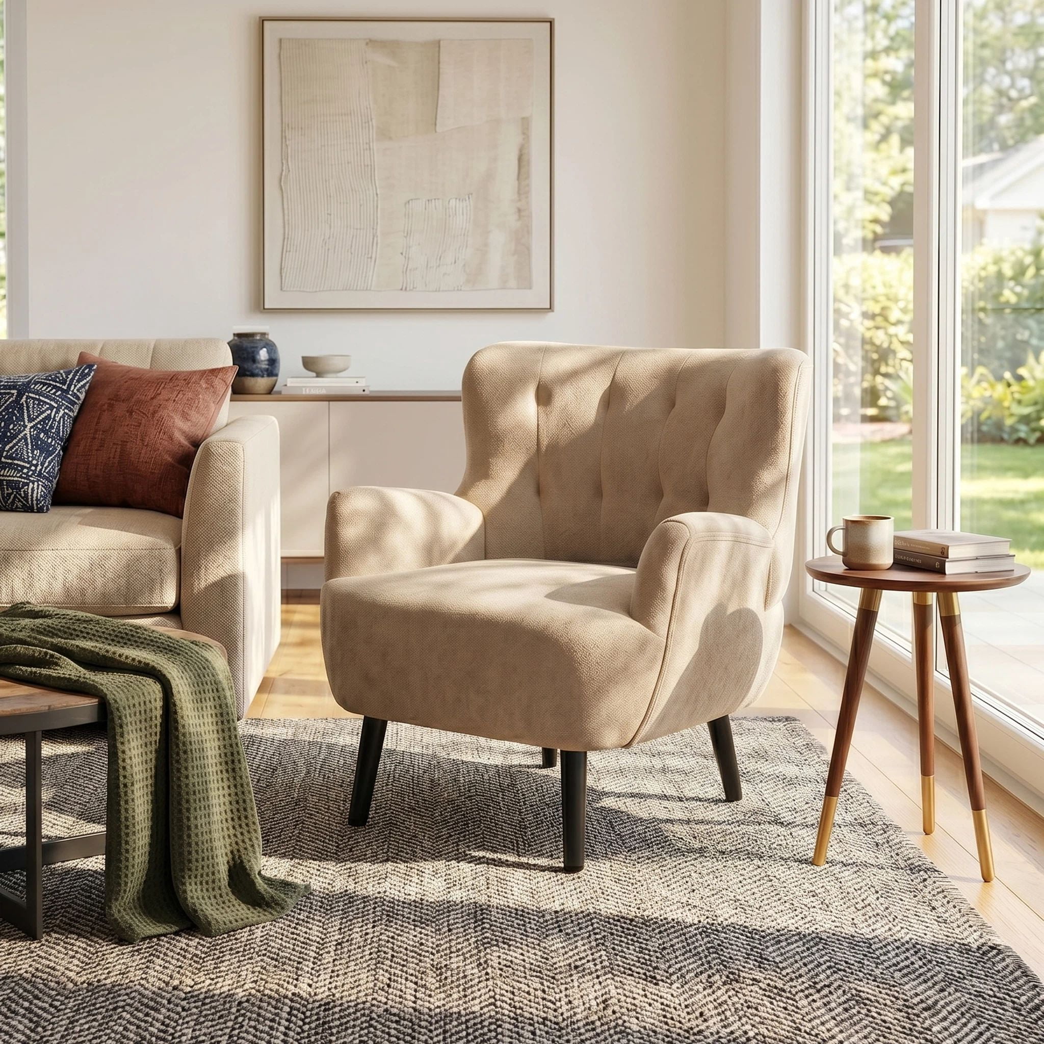Euroco Modern Accent Chair,Upholstered Armchair with Round Arm & Solid Wood Legs,Comfy Reading Chair Club Chair for Bedroom, Living Room,Brown