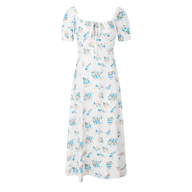 WILLBEST Vestidos con Curvas para Mujer, Vestidos Casuales de Verano para Mujer, de Manga Corta, con Cuello Cuadrado y Abertura Midi Grande