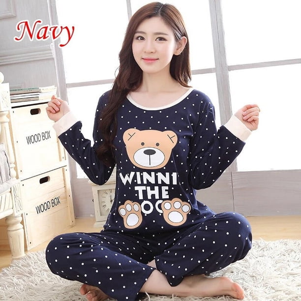Pijamas de algodón y poliéster de manga larga con dibujos animados para mujer, pantalones casuales, conjunto de muebles para el hogar, Otoño, nuevo