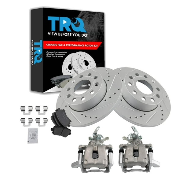 TRQ Rear Performance Brake Pad & Rotor Kit Brake Caliper Brake Pads Brake Rotors Set Ceramic Solid Premium G-Coated Fits Select 2010 Volkswagen Golf 2005-2010 Jetta 2006-2009 Rabbit