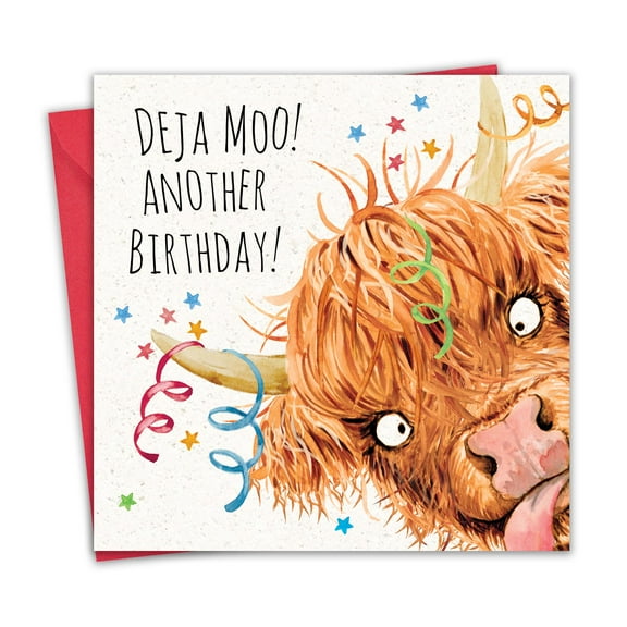 Twizler Funny Birthday Card for Women - Scottish Highland Cow Deja Moo - Female Humor Happy Birthday Card for Her - Mum Daughter Sister - Wife Girlfriend Friend - Scotland