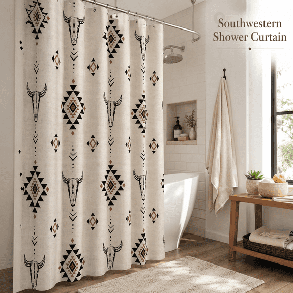MORAVE 72x72 Inch Western Aztec Linen Shower Curtain, Boho Farmhouse Ethnic Bull Skull Pattern Fabric Bath Curtain for Bathroom
