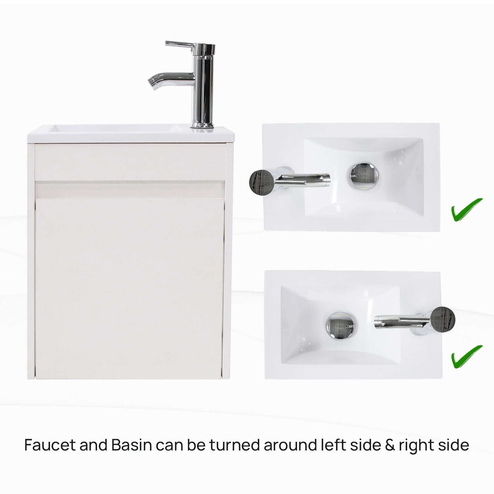 Wonline 16" Floating Bathroom Vanity Wall Mounted Black Vanity for Small Bathroom Single Cabinet Resin Basin Faucet White